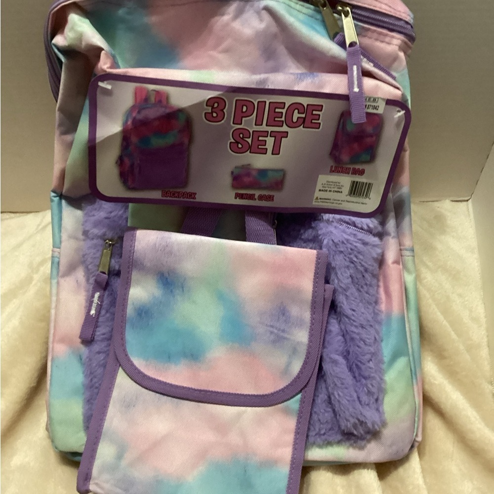 NWT Back Pack 3 piece set. Pastel Rainbow back pack, lunch bag, pencil bag
